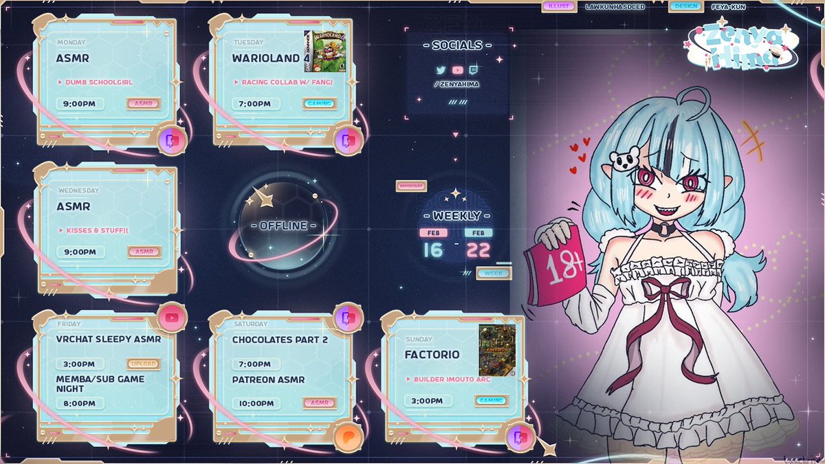 🎖️New weekly sched! ⭐️
great week ahead of us!

Mon: pon student ASMR 📕
Tue: warioland 4 RACE w/ @/FangGuu 💰
Wed: kissy student 😘
Sat: choco making pt 2 🍫
Sun: factory time! ⚙️

let's have a fun week again!! i'm soo excited hope to you in the starship this week pengoon! 💙