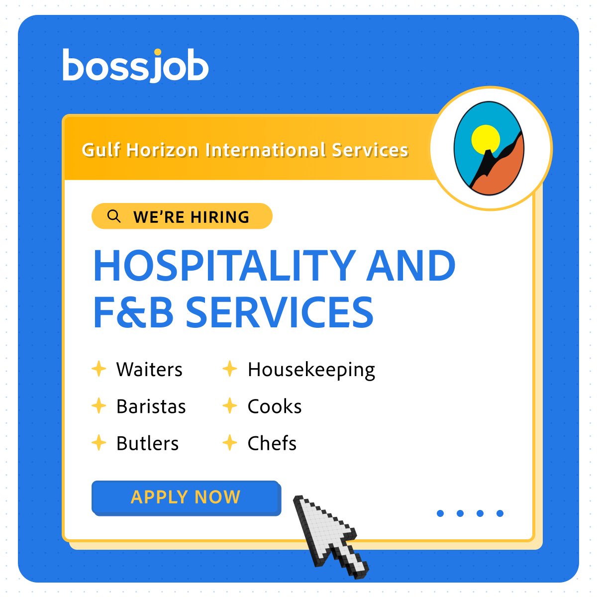 bossjobofficial's tweet photo. Ready to take your hospitality career international? ๐
Gulf Horizon International Services is looking for dedicated Waiters, Baristas, Chefs, and more to join their world-class team.
#hospitality #jobsearch #foodandbeverage #Bossjob #BossjobPH https://t.co/j7hHnEtryi