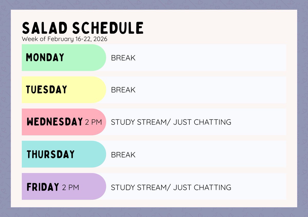 sumsarada's tweet photo. ‼️SALAD SCHEDULE‼️

Change of stream timeslot?? Yes and more chill streams/ study streams as we approach mi exams huhu help anywayy see youu, cabbitches!!! #StreamSarada https://t.co/CXmz0T0MvW