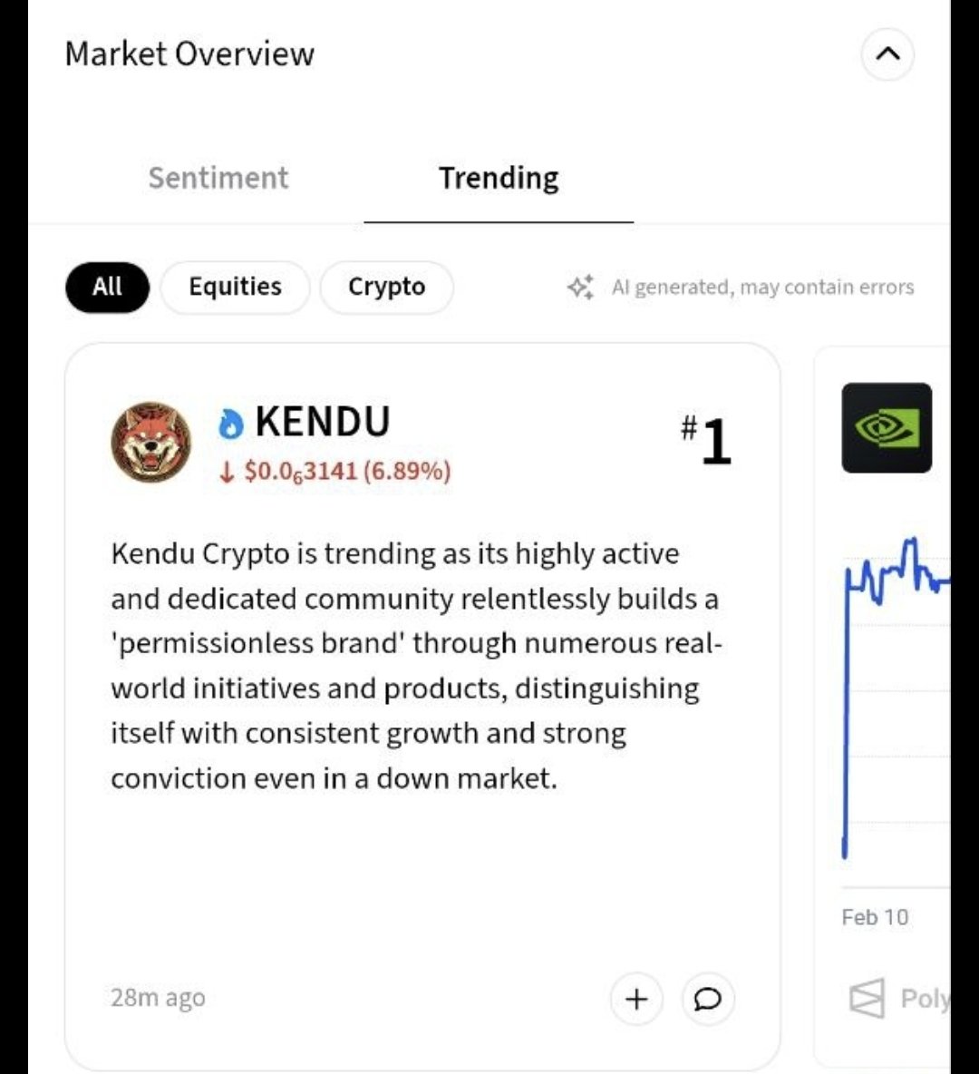 $KENDU TRENDU #1 across <a href="/CryptotwitsHQ/">Cryptotwits</a> and <a href="/Stocktwits/">Stocktwits</a>, ahead of $NVDA.

10m+ users, BTW. 

Special shoutout to <a href="/DC_300Q/">DC_300</a> who has been a driving force in frequent trending efforts and work.

Kendu Looks Good Here. 💹 🦊