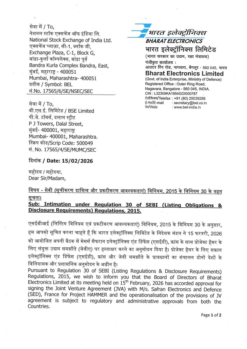 AjayshreeSamby3's tweet image. #BharatElectronics boards approves 50:50 joint venture agreement with #SafranElectronics for project #HAMMER