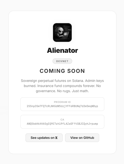 New program on Percolator Vision: Alienator (<a href="/AlienatorMarket/">Alienator</a>)

They're on devnet right now. Once they go mainnet, their markets go live on our dashboard.

Built with #Percolator. Tracked by Percolator Vision.

percolator-vision.xyz