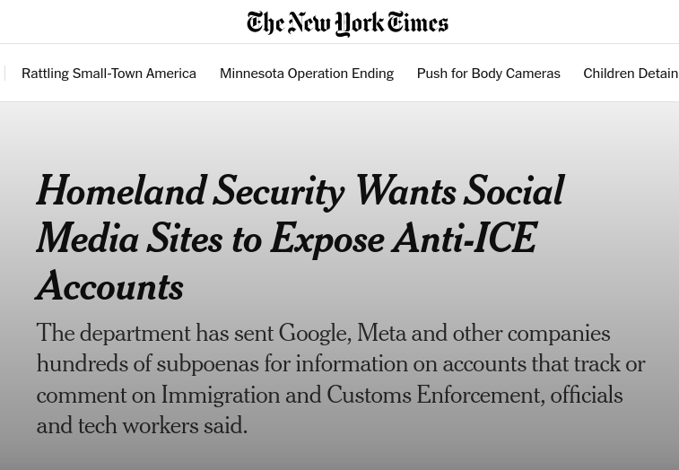 El Departamento de Seguridad Nacional de los EE. UU. ha emitido cientos de pedidos a Google, Meta, Reddit y Discord para obtener datos personales (nombres, emails, teléfonos) de cuentas que critican o rastrean actividades de ICE.

Esa es la "libertad" que les gusta a algunos.