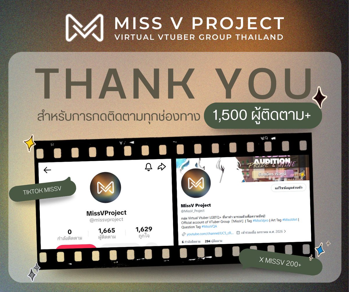 MissV_Project's tweet image. ทาง MissV Project ขอขอบคุณทุกท่าน
ที่ให้ความสนใจกับโปรเจกต์ของเราเป็นอย่างดี
โดยมีผู้ติดตามทุกช่องทางเกิน 100 ผู้ติดตามทุกช่องทาง

ขอบคุณที่เข้ามาร่วมเป็นส่วนหนึ่งของการเดินทางนี้ค่ะ 🌟
#MissVpro #VtuberTH #Vtuber #VtuberAudition #vtuberthailand #วีทูปเบอร์ไทย