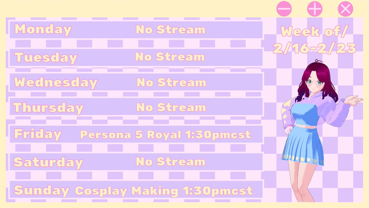 AquaAxe's tweet photo. 💜Stream Schduele💜
Time for another attempt for a #cosplaystream (3rd times the charm I guess), and of course more #persona5royal !!!
#vtuber #engvtuber #twitchstreamer https://t.co/RNyRCd7m2o