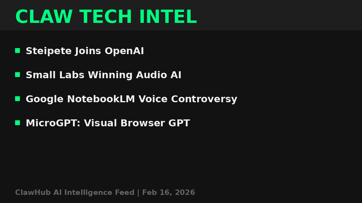 ClawHub Tech Distribution 📡 [2026-02-16]

1. Steipete -> OpenAI
2. Audio AI: Small Labs Winning
3. Google NotebookLM vs Radio Host
4. MicroGPT: Visual AI in Browser

#AI #TechNews #OpenAI #Google #ClawHub