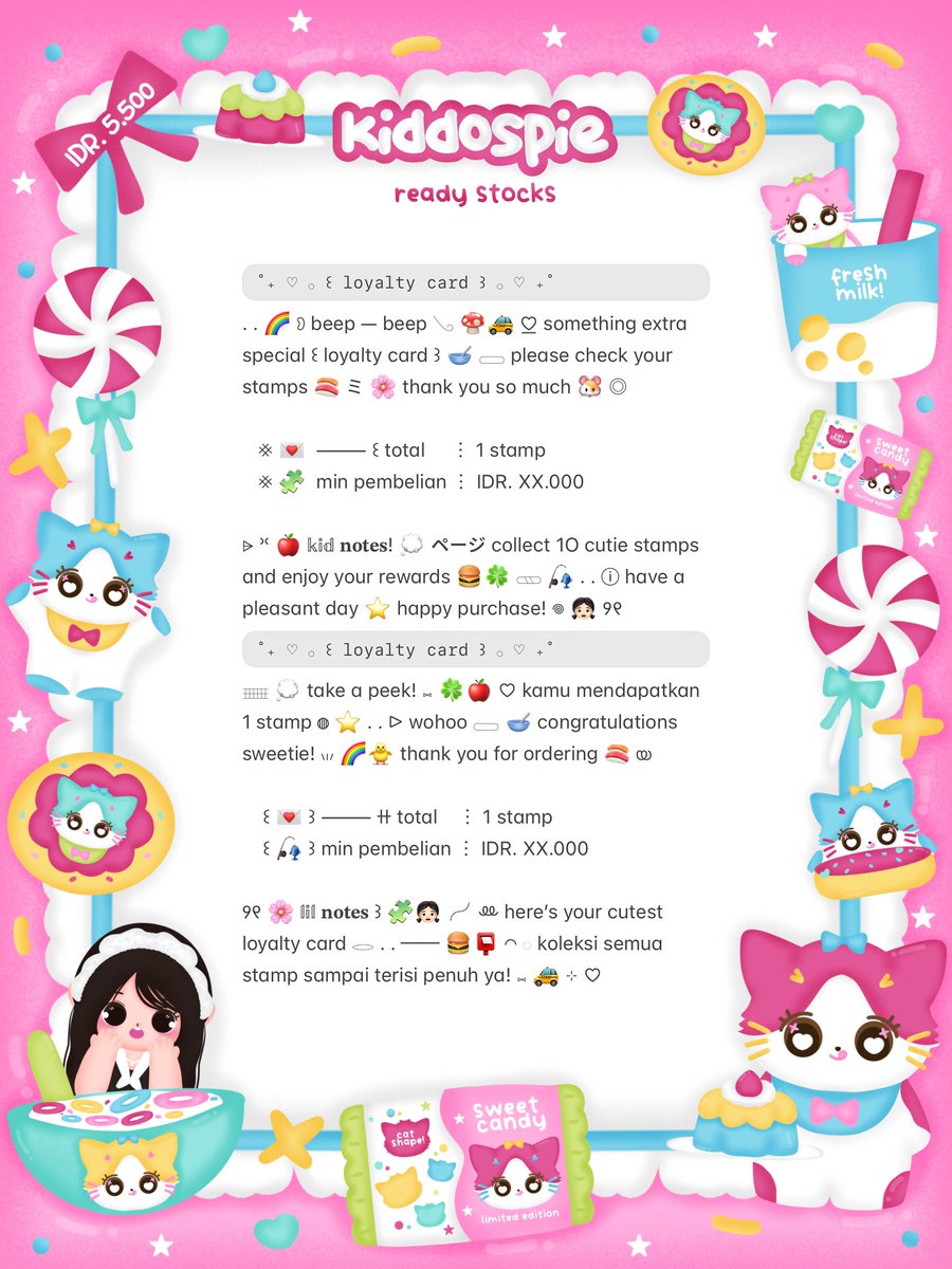 kiddospie's tweet image. ⠀
⸝⸝ ꕤ  𓈄 𓈒  help rt? thank you! ☘️

💭  ☆̲ ◞ₓ˚ 🥣 halo teman—timun!  𓏲 ﾟ。。𖢷 sherina bawain wording loyalty card ready stOck! 🧁🌸 ⊂⊃ dengan harga ◎ IDR. 5.500 only ៶៲៸ ⓘ 👛 dm me or reply if you want!  ✋🏻 𖠗 ៸ 🍭🎀 

៸៸ 💌 യ #zonauang #zonaba ꒱