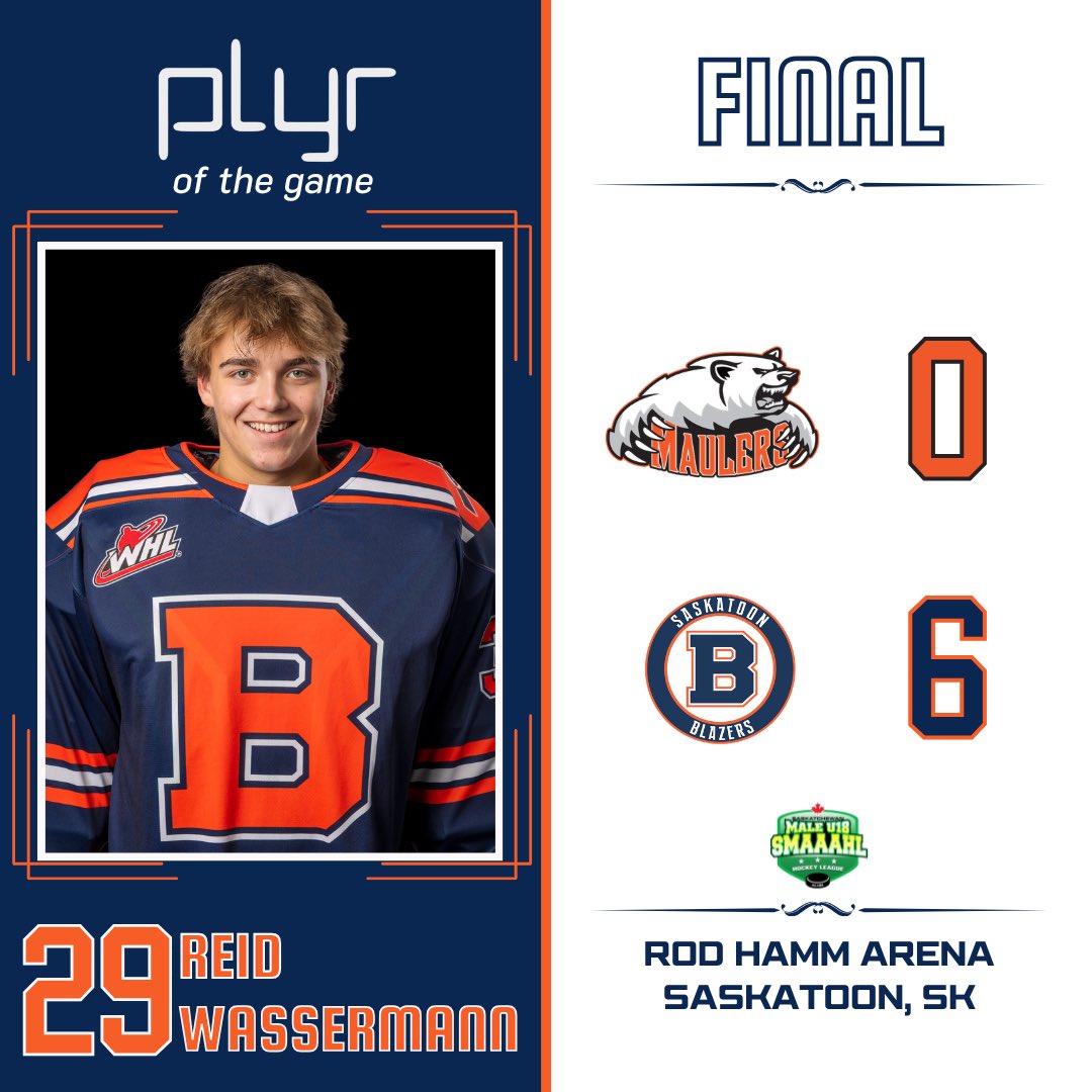Reid Wassermann stopped all 31 shots he faced along the way to picking up his 14th win and 1st shutout of the season. He’s the <a href="/PLYRathletics/">PLYR</a> PLYR of the Game in a 6-0 home win this afternoon.

#BlazersHockey🔥🔥🔥