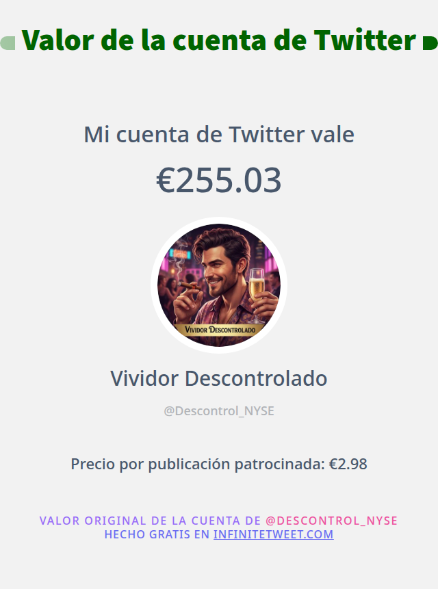 Descontrol_NYSE's tweet photo. Mi valor en Twitter es de: €255.03

➡️ https://t.co/WXsYFJ7e6n https://t.co/0qO0SExqRG