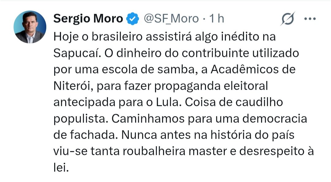 Sou bloqueado por esse picareta <a href="/SF_Moro/">Sergio Moro</a> por isso não posso respondê-lo diretamente.
Que moral ou decência tem esse indivíduo em falar em cumprimento de leis. Autor da maior farsa judicial da história da República.