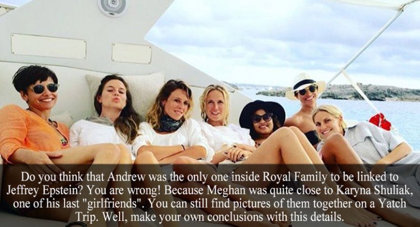 insiderlauren's tweet photo. ‼️Child Torture on Epstein Island‼️

Epstein’s girlfriend, Karyna Shuliak, holidayed with Meghan Markle in 2016.

The “Duchess” should be called in to speak with authorities and share everything she knows about her friend.

You don’t just go on a luxury boat trip with someone you barely know… or do you?