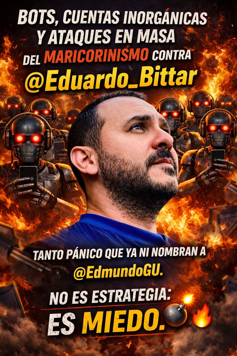 #EstoyConBittar Bots, cuentas inorgánicas y ataques en masa del maricorinismo contra <a href="/Eduardo_Bittar/">Eduardo Bittar</a>.

Tanto pánico que ya ni nombran a <a href="/EdmundoGU/">Edmundo González</a> como su "presidente". 

No es estrategia: es miedo. 💣🔥