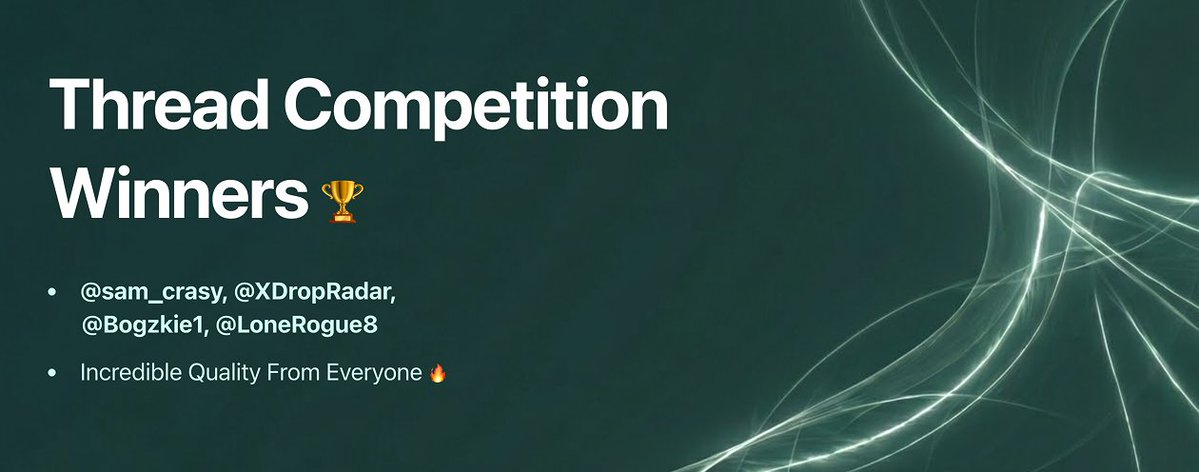 🏆 Thread Competition Winners 🏆

Congratulations:
<a href="/sam_crasy/">fomoghost.eth</a>, <a href="/XDropRadar/">CRYPTO FORGE</a>, <a href="/Bogzkie1/">CoreyDGAFTaylor</a>, <a href="/LoneRogue8/">LoneRogue8 (Suigen Arc) 🏮</a> 

DM us your ETH wallet address for your 50 USDT prize + Legion role.

Thank you to all participants. Stay tuned for more opportunities ✨