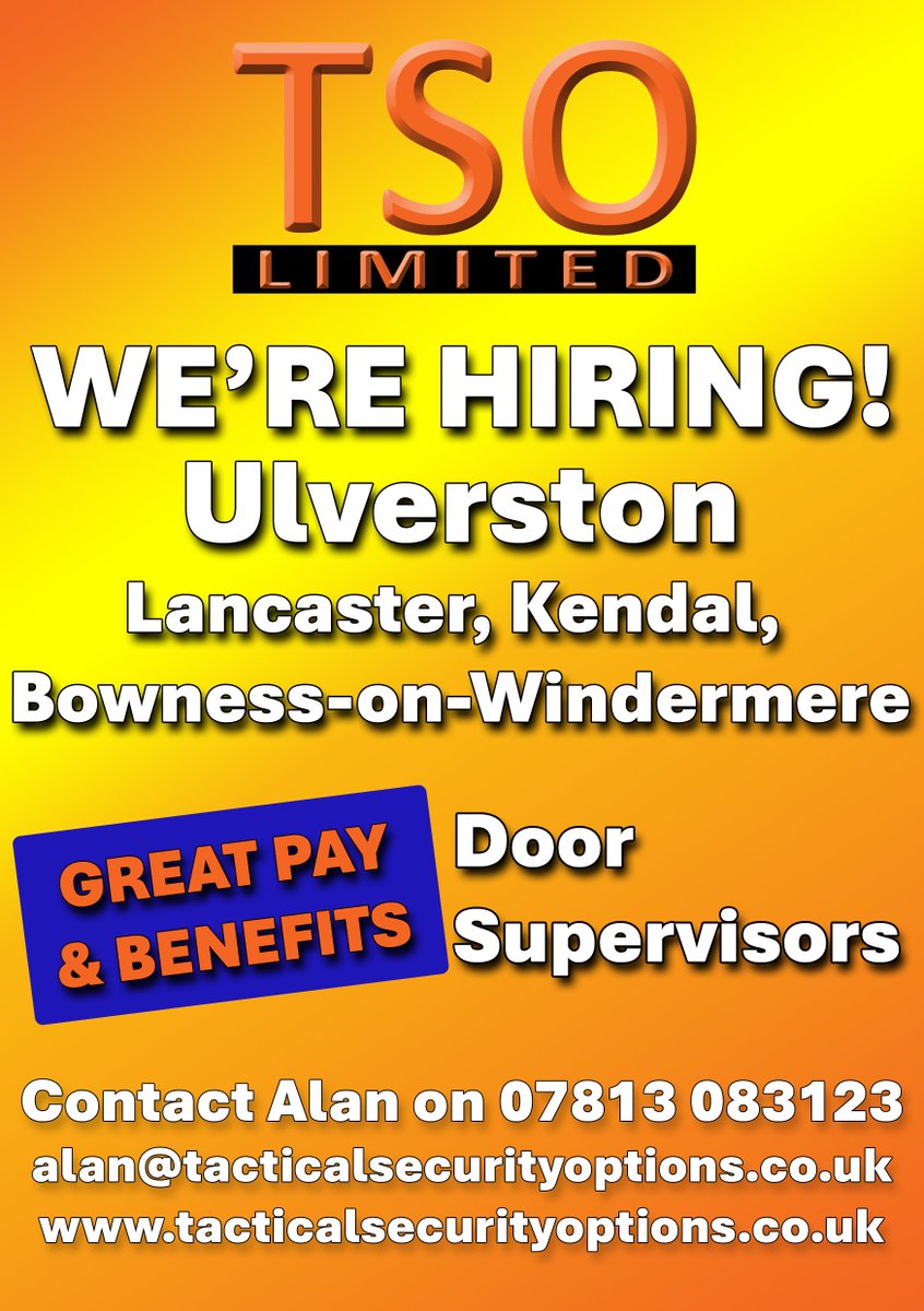 sjv1975's tweet photo. Tactical Security Options are #HiringNow. If you are interested in a new role, please contact us.
#Recruiting #Recruitment #JobSearch #lancaster #ulverston #Kendal #Bownessonwindermere #southlakes
Great rates of pay, holiday pay, pension, paid weekly. https://t.co/yU77JIS4Vj