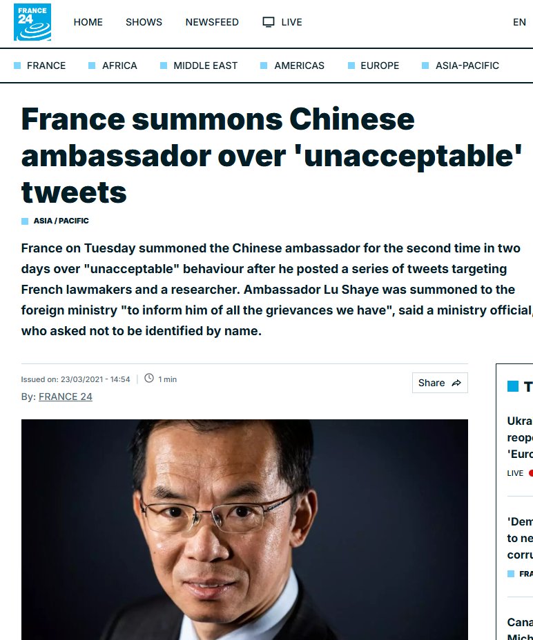 libdave's tweet photo. @MFA_China Remember when the Chinese ambassador to France threatened 'dire consequences' if they blocked Huawei equipment? So classy. Truly a gentleman. https://t.co/59DLEzUf3p
