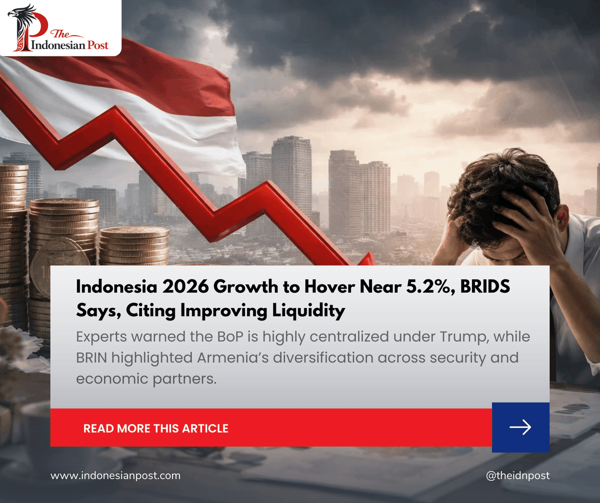 Indonesia 2026 Growth to Hover Near 5.2%, BRIDS Says, Citing Improving Liquidity

indonesianpost.com/2026/02/15/ind…

#IndonesiaEconomy2026
#EconomicGrowthForecast
#BRIDSDanareksa
#IndonesiaStockMarket
#EmergingMarkets
#IndonesiaNews #IndonesianPost #IndonesiaUpdate