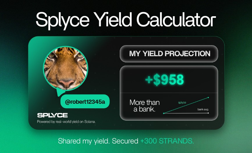 robert12345a's tweet photo. Just tested the real-world yield calculator from @SplyceFi.

My numbers came out +3,304.06% higher than leaving it in a bank.

Check yours: https://t.co/B7XGUhBSdf https://t.co/7LvYBMisB7