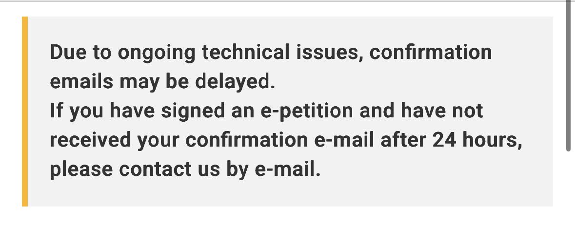تأخیر در ایمیل تأیید امضای پتیشن به خاطر مشکل فنی سیستم هست، نه اینکه الان منشی پارلمان دونه‌دونه امضاها رو بررسی کنه.

ایمیل تأیید به‌صورت خودکار ارسال میشه؛ ممکنه چند دقیقه‌ای بیاد یا چند ساعت دیرتر.

بررسی دستی امضاها بعد از پایان مهلت پتیشن (۳ تا ۵ روز بعد) انجام میشه، نه