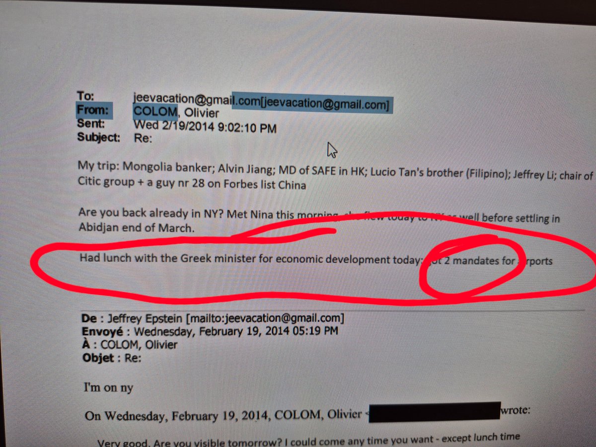 Ποιος ήταν υπουργός ανάπτυξης  στα email #epstein στις 19.02.2014 και έδωσε 2 εντολες για business με αεροδρόμια στον Olivier Colom και ο οποίος αναφέρει την συνάντηση  με τον υπουργό ανάπτυξης στον #Epstein? Να κ Ο Κωστής Χατζηδάκης λοιπόν στην παρέα.
justice.gov/epstein/files/…