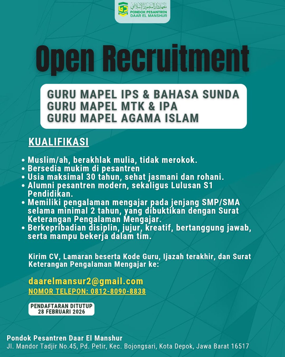 OPEN RECRUITMENT GURU
📚 Guru Mapel IPS &amp; Bahasa Sunda
📐 Guru Mapel Matematika &amp; IPA
🕌 Guru Mapel Agama Islam

Kami mencari sosok pendidik yang berakhlak mulia, berkompeten, dan siap berkhidmat di lingkungan pesantren.

🗓 Pendaftaran ditutup: 28 Februari 2026