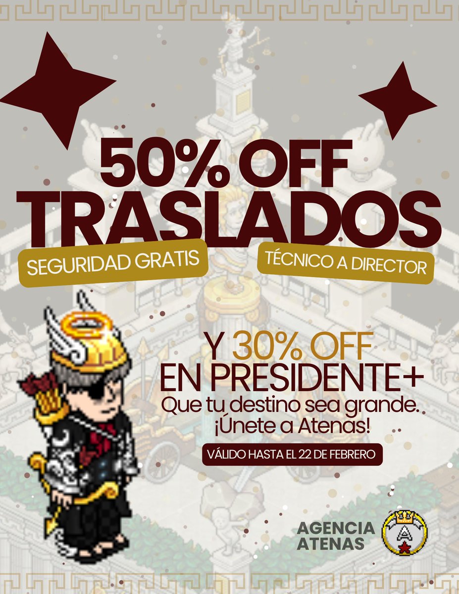 🏛️ Atenas abre sus puertas.

Rango de Seguridad GRATIS.
De Técnico a Director con 50% OFF.
De Presidente a JTD con 30% OFF.

Aprovecha, los descuentos estarán disponibles solo esta semana.

🎁Además, rifaremos 1L el próximo domingo.
Para participar: 
RT, like y síguenos!