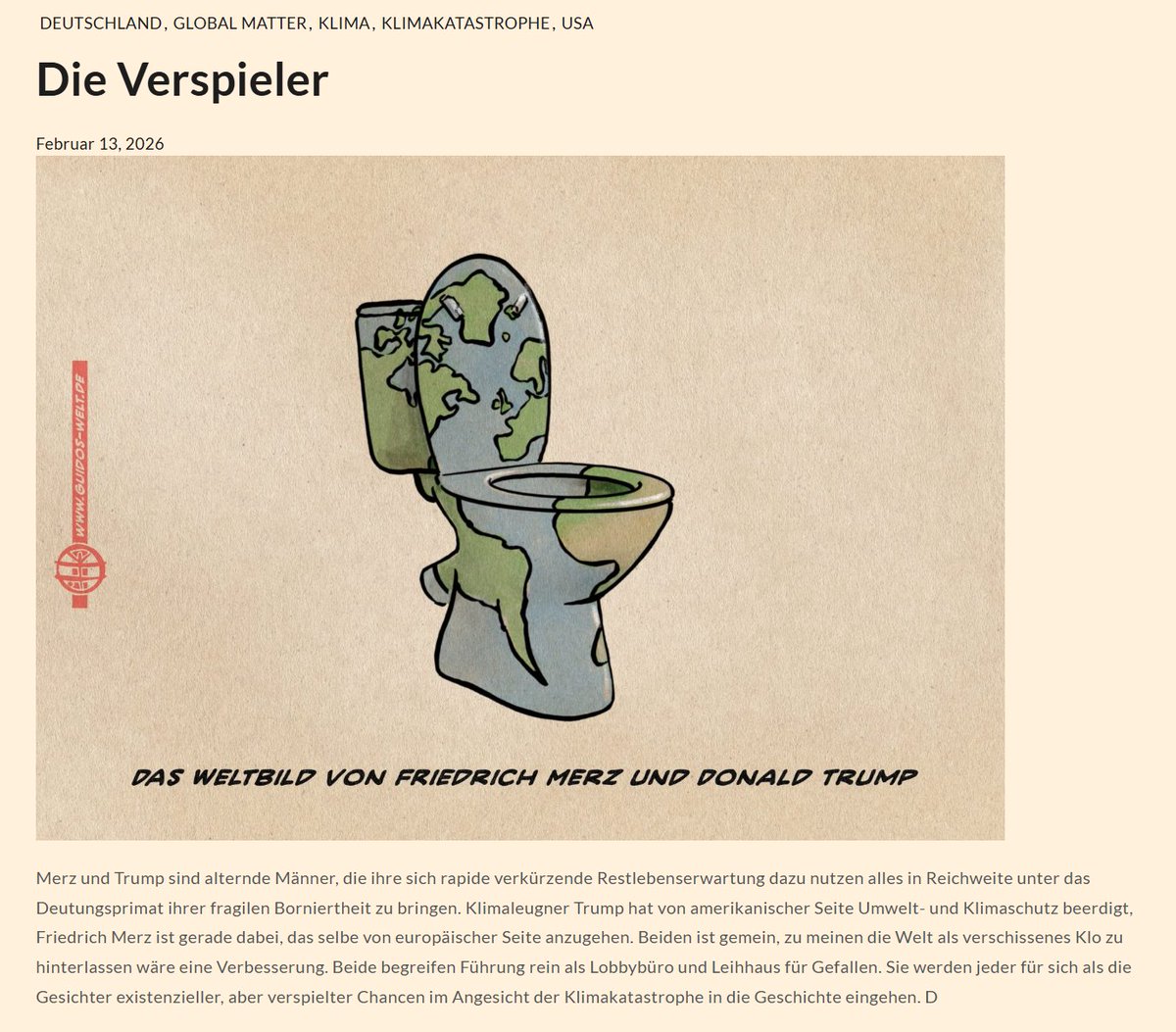 Trump und Merz ruinieren die Chancen der gesamten Menschheit - weil es eben doch etwas ausmacht, ob Deutschland, Europa und die USA beim Klimaschutz mitmachen oder nicht. 

Afrika, Südamerika und Asien können unmöglich all das zusätzlich einsparen, was Trump und Merz raushauen.