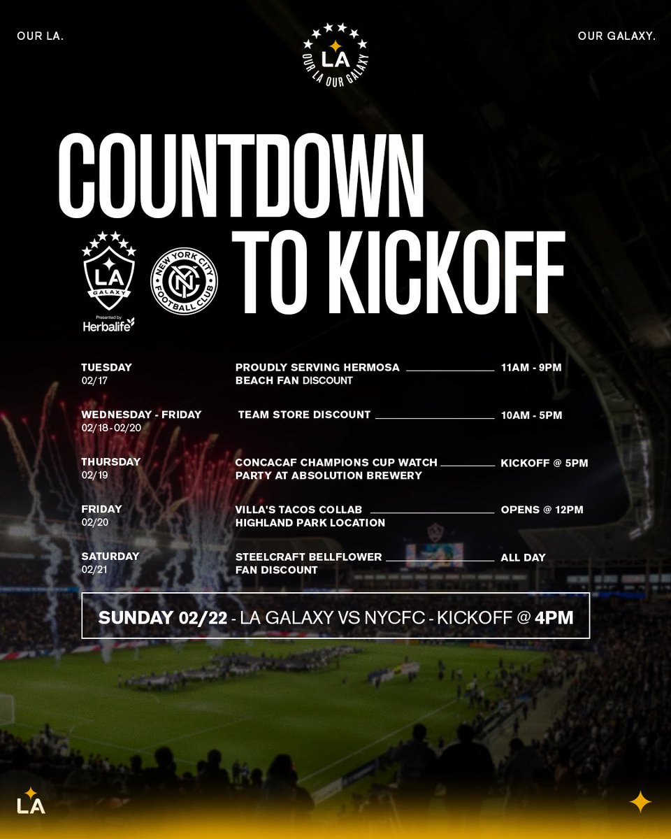 LAGalaxy's tweet photo. Take advantage of discounts and activations across the city all home opener week long ⤵️

2/17: 15% off at Proudly Serving
2/18 - 2/20 : $5 scarves at the LA Galaxy Team Store
2/19: CCC Watch Party at Absolution Brewery
2/20: 2 Free Tacos for the 1st 150 fans at Villas Tacos 
2/21: Various discounts within Steelcraft Bellflower

ℹ️: https://t.co/WpWSkSbOGS