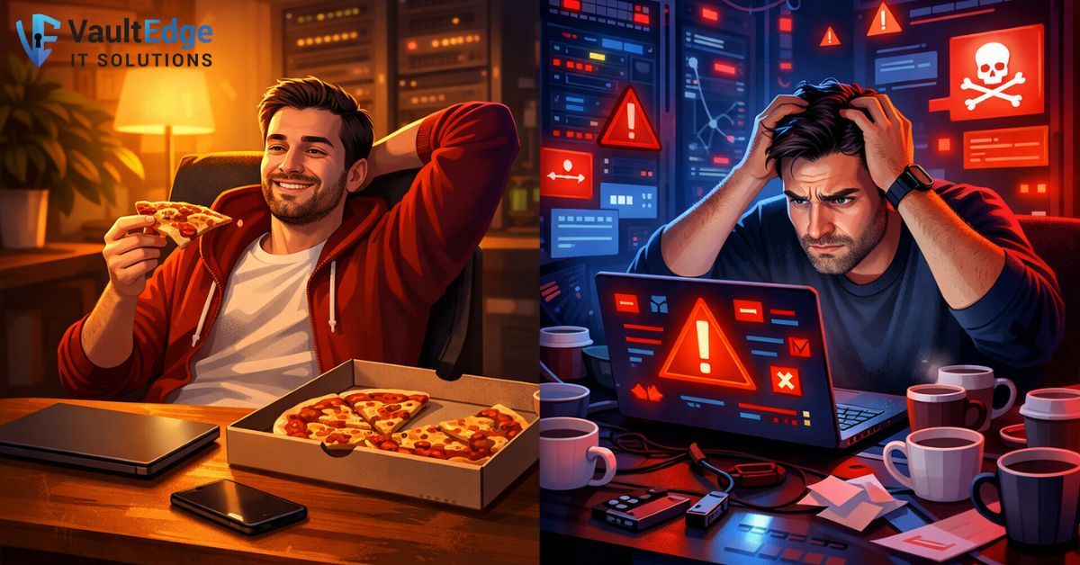VaultEdgeIT's tweet photo. ๐ Friday plans vs.
๐ป โOne quick IT issueโ
We make sure it stays pizza โ not panic.
Let VaultEdge IT handle the cyber stress
๐ https://t.co/PrNJHfiN7b
#ITHumor #FridayMood #VaultEdgeIT #SmallBusiness https://t.co/7lUbhueIuk