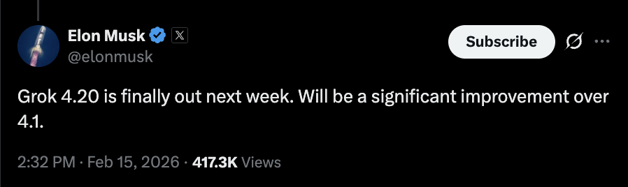 WesRoth's tweet photo. Grok 4.20 ships soon and will be a “significant improvement” over the current 4.1 version. https://t.co/R8hxmBW0Dy