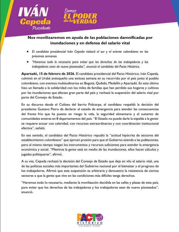 IvanCepedaCast's tweet image. COMUNICADO

NOS MOVILIZAREMOS EN AYUDA DE LAS POBLACIONES DAMINIFACADAS POR INUNDACIONES Y EN DEFENSA DEL SALARIO VITAL

El candidato presidencial del Pacto Histórico, Iván Cepeda, culminó en el Urabá antioqueño una exitosa semana en su recorrido por el país junto al pueblo