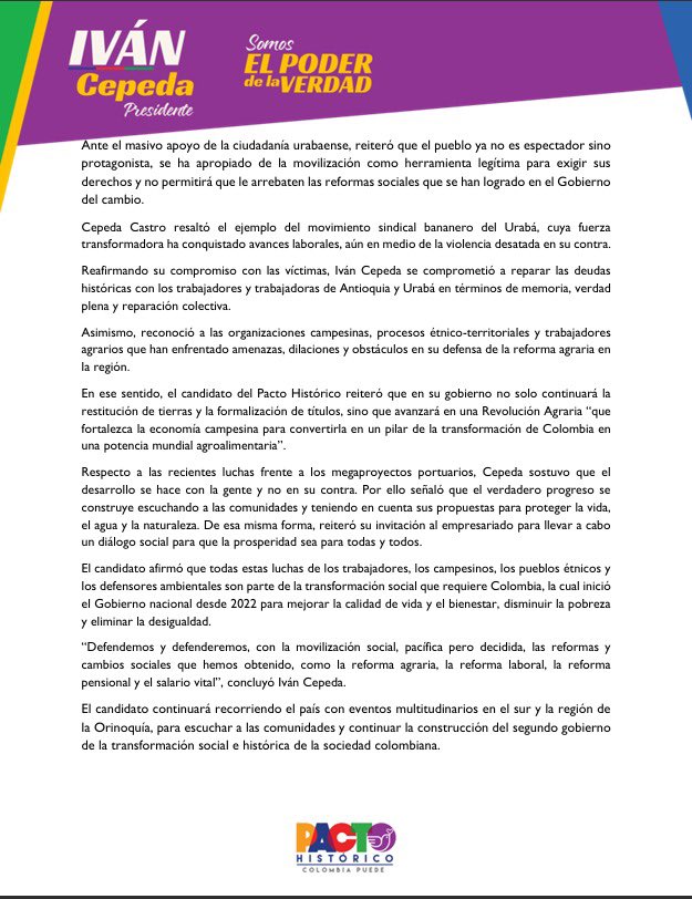 IvanCepedaCast's tweet image. COMUNICADO

NOS MOVILIZAREMOS EN AYUDA DE LAS POBLACIONES DAMINIFACADAS POR INUNDACIONES Y EN DEFENSA DEL SALARIO VITAL

El candidato presidencial del Pacto Histórico, Iván Cepeda, culminó en el Urabá antioqueño una exitosa semana en su recorrido por el país junto al pueblo