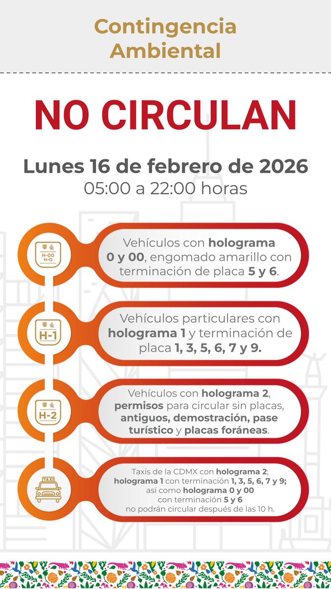 🚨 Información relevante 🚨
Este lunes 16 de febrero queda activada la contingencia ambiental por ozono en la CDMX 🌫️.
🚘 Conoce qué autos tienen restricciones en:
acortar.link/ycqZy1
#LocatelTeInforma