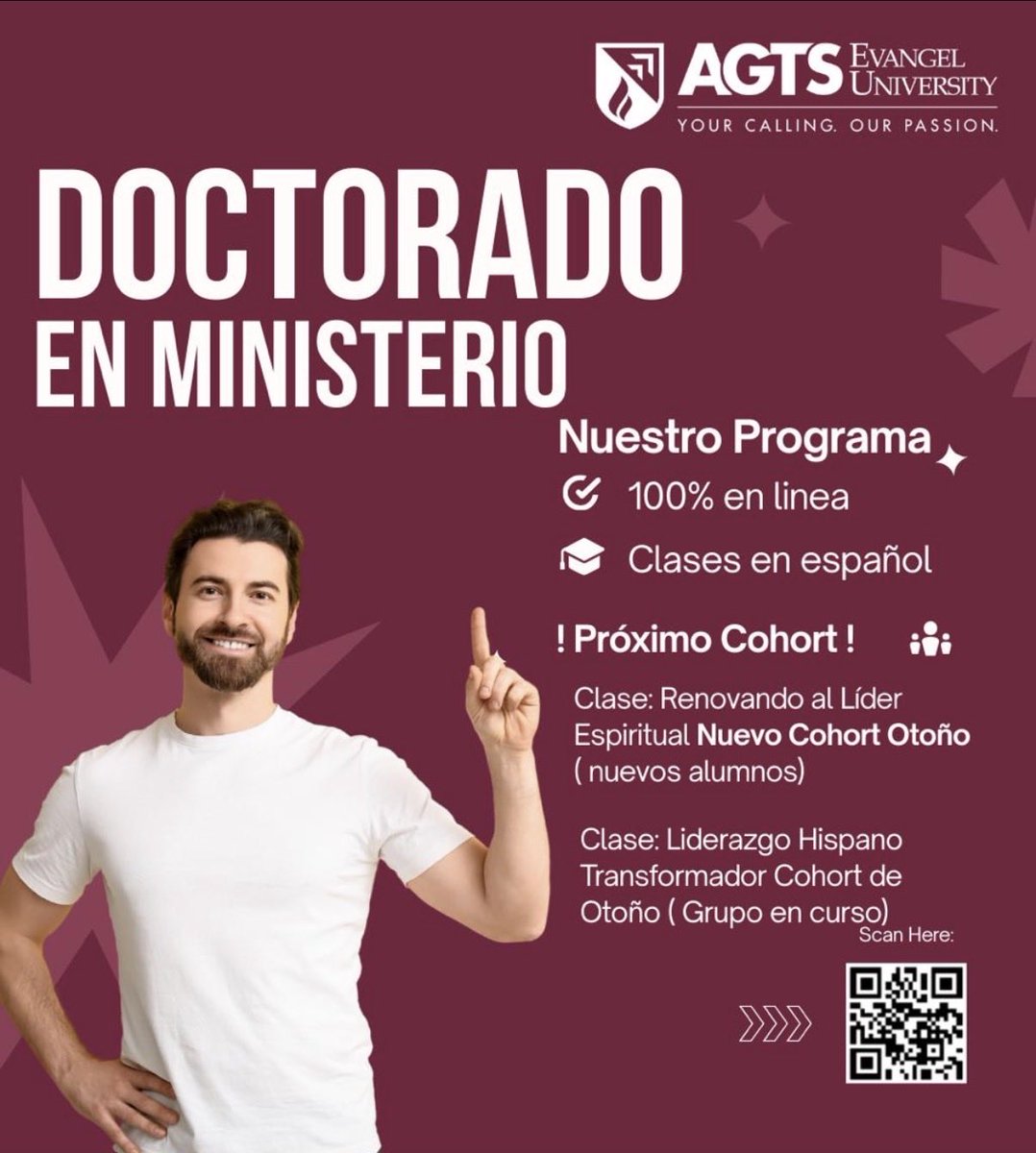 drsergioAGTS's tweet photo. El AGTS, Seminario Teológico de Asambleas de Dios de Springfield, se complace en informar sobre las clases de mayo para maestría y doctorado en ministerio, con excelentes becas. Las clases son en español y en línea. ¡Si desea información, solo llene el código QR del folleto! https://t.co/BPJSD5YZSG