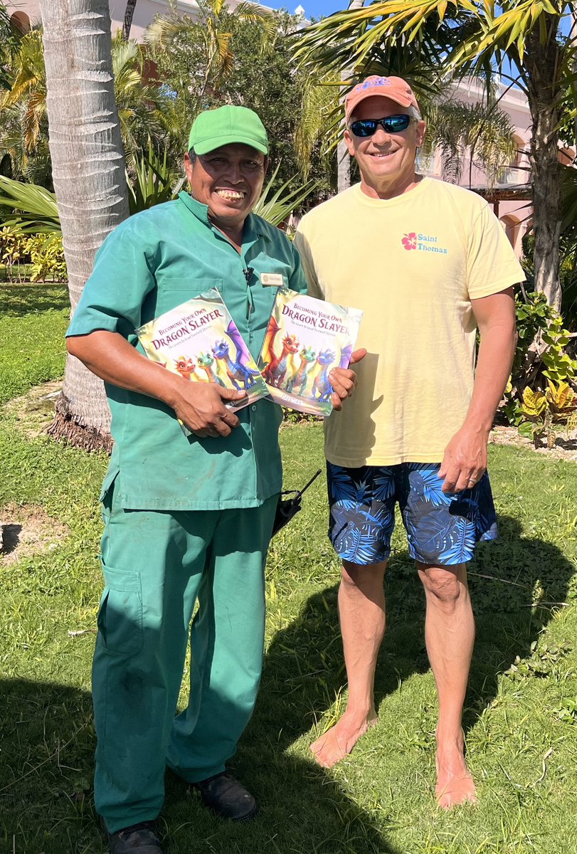For those nice enough to buy my kids leadership book, ‘Becoming Your Own Dragon Slayer’ this is who Eleuterio was named after. The wonderful head gardener of Excellence Rivera Cancun. The God Father of Foliage and a wonderful man! We gave him his copy today! 😀