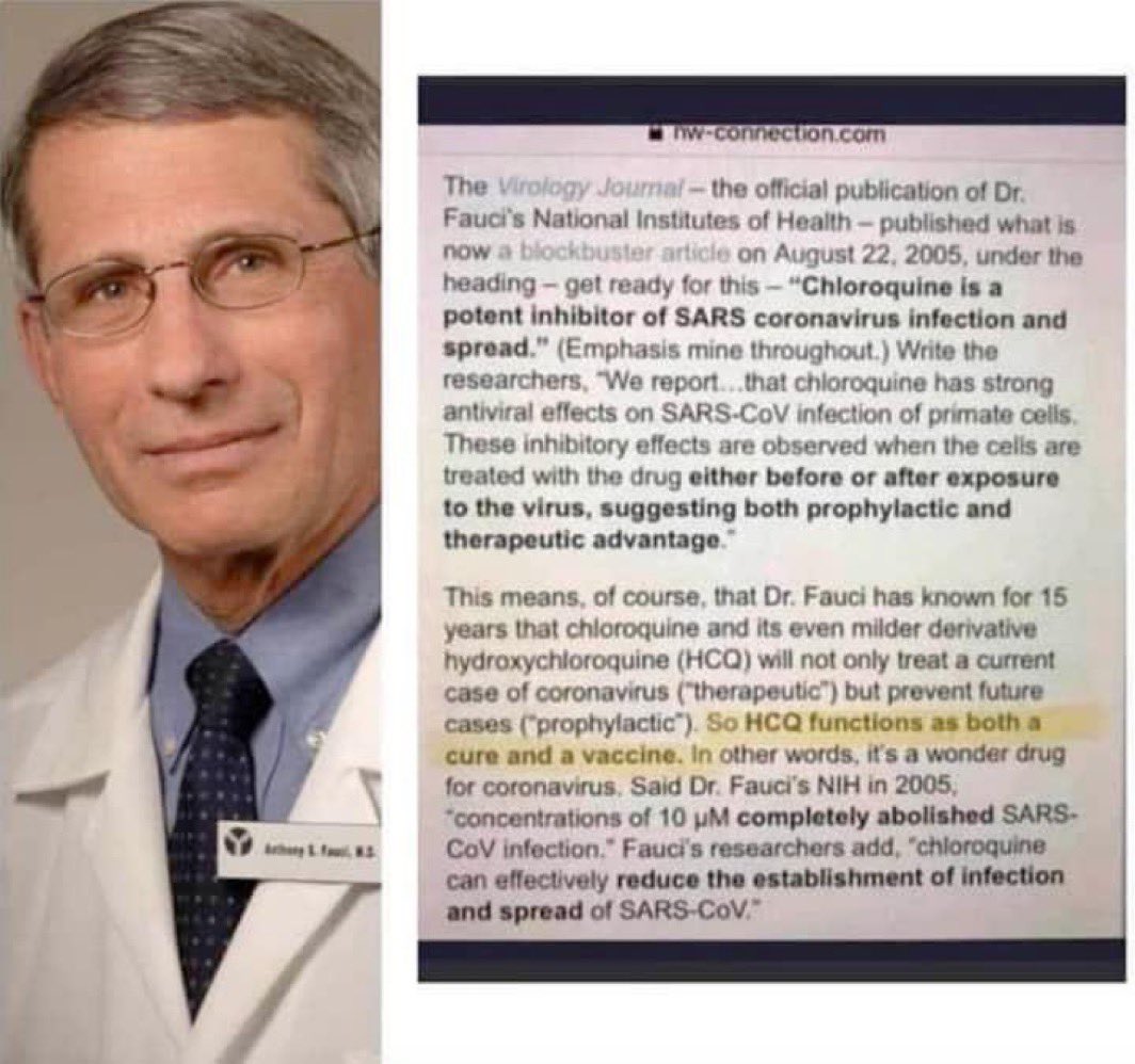DschlopesIsBack's tweet image. Fauci knew in 2005 that hydroxychloroquine was a "wonder drug" for SARS-CoV, according to the NIH themselves.  Despite this, he demonized the drug and falsely said it was ineffective/dangerous and even pushed the fraudulent Lancet study.

Fauci deserves to be in prison for life.