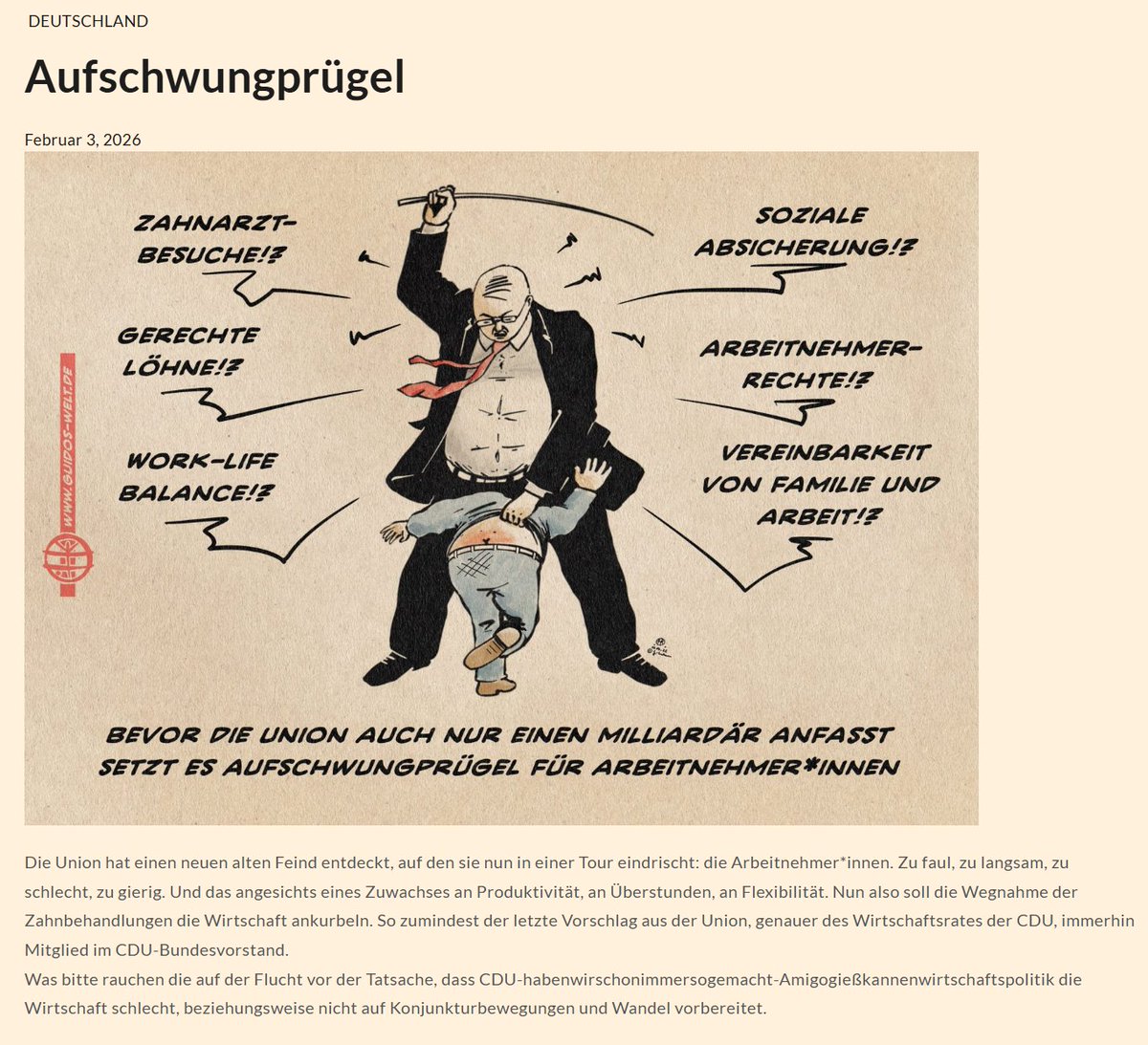 Wie lange werden sich die Menschen prügeln lassen, bevor sie endlich auf die Milliardäre schauen? 

Merz &amp; Co. sind die Traumregierung dessen, was sich die Milliardäre wünschen: 
Anstatt der Bevölkerung reinen Wein einzuschenken, wird auf jene geprügelt, die von den Medien /2