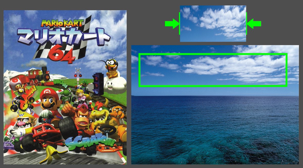 The sky texture used for the Japanese version of Mario Kart 64(マリオカート64) manual is an edited and squashed part of an image found in Sozaijiten Vol.6 CD. Uncovered by roovahlees <a href="/Leonard85026417/">Roovahlees✌️</a>