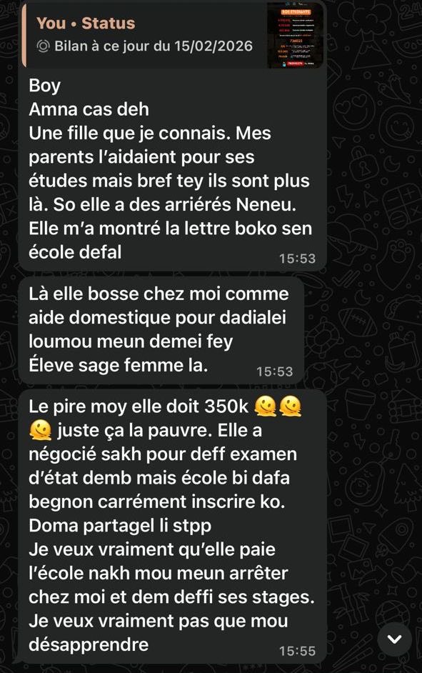 Hello guys pouvez-vous faire un geste pour notre sœur boulene xebb dara lolene am req meune ngene ko def si numéro bi +221 78 536 69 45 diap lene si 🧎🏽‍♀️🧎🏽‍♀️
