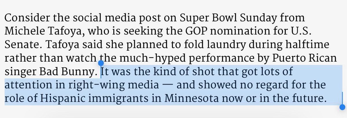 The author seems completely unaware that <a href="/Michele_Tafoya/">Michele Tafoya</a> is part Hispanic, her father was an immigrant from Columbia, and her adopted daughter is from Columbia. Leave it to a woke, white lib at <a href="/StarTribune/">The Minnesota Star Tribune</a> to be so clueless. Anything to attack a Republican.