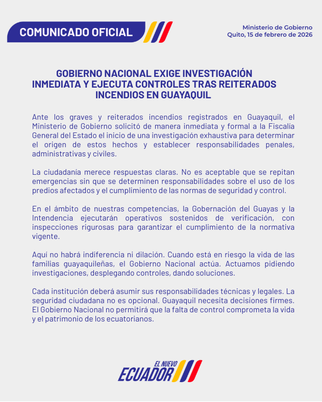 Guayaquil exige respuestas, no excusas. 

Solicitamos a <a href="/FiscaliaEcuador/">Fiscalía Ecuador</a> investigar los incendios en la urbe y determinar responsables. Paralelamente, <a href="/goberguayasec/">Gobernación del Guayas</a> e Intendencia ejecutan operativos de control.

Cuando la seguridad está en juego, el Gobierno Nacional actúa.