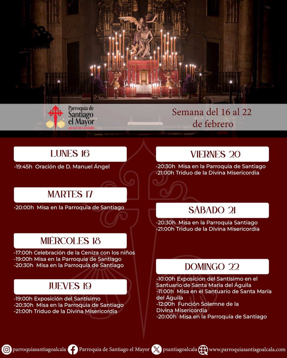 psantiagoalcala's tweet image. 𝐀𝐠𝐞𝐧𝐝𝐚 | Relación de actos y cultos que tendrán lugar en la Parroquia esta semana.