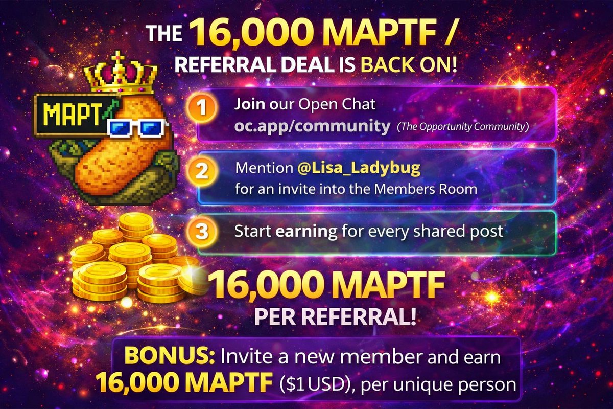 It's back! <a href="/OpenChat/">OpenChat ∞</a> 's most profitable and engaging community is handing out 16,000 $MAPTF just for referring new members to spread the word about $ICP's Liquidity King 👑🥔 . Join us NOW ! 🔗🔽

oc.app/community/kbdk…