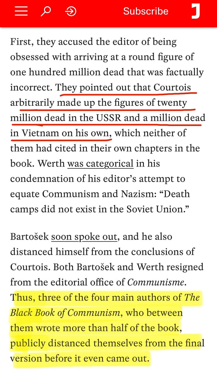 The “100 million” figure Katie cites in this tweet comes from the Black Book of Communism. Fun fact: the co-authors of that very book have all distanced themselves from the book, attempted to retract their contributions, and said the editor literally made up numbers.