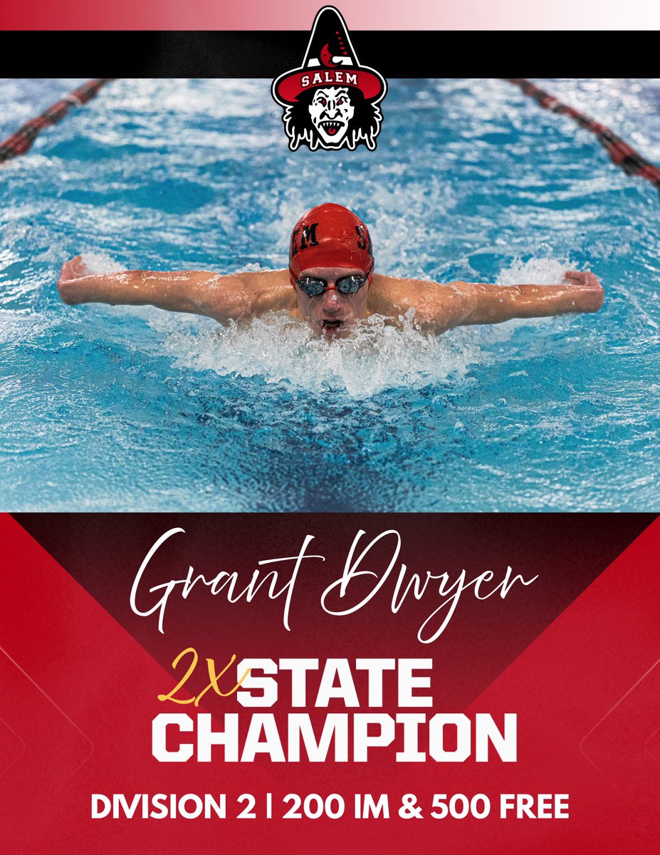 WitchesSports's tweet photo. 2 Time State Champ! Congratulations to Salem High Junior Grant Dwyer on taking home 2 golds today at the state championship meet in the 200 IM and 500 Free! 

#GDTBG #GoWitch https://t.co/bQgbvT7wt6