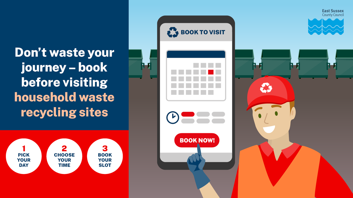 After 1 March, all visitors arriving at an East Sussex household waste recycling site must have a booking. 
 
To book, simply choose a time that suits you - whether it’s a last-minute visit or sometime in the next  two weeks.

Learn more about how to book: bit.ly/3OnirAw