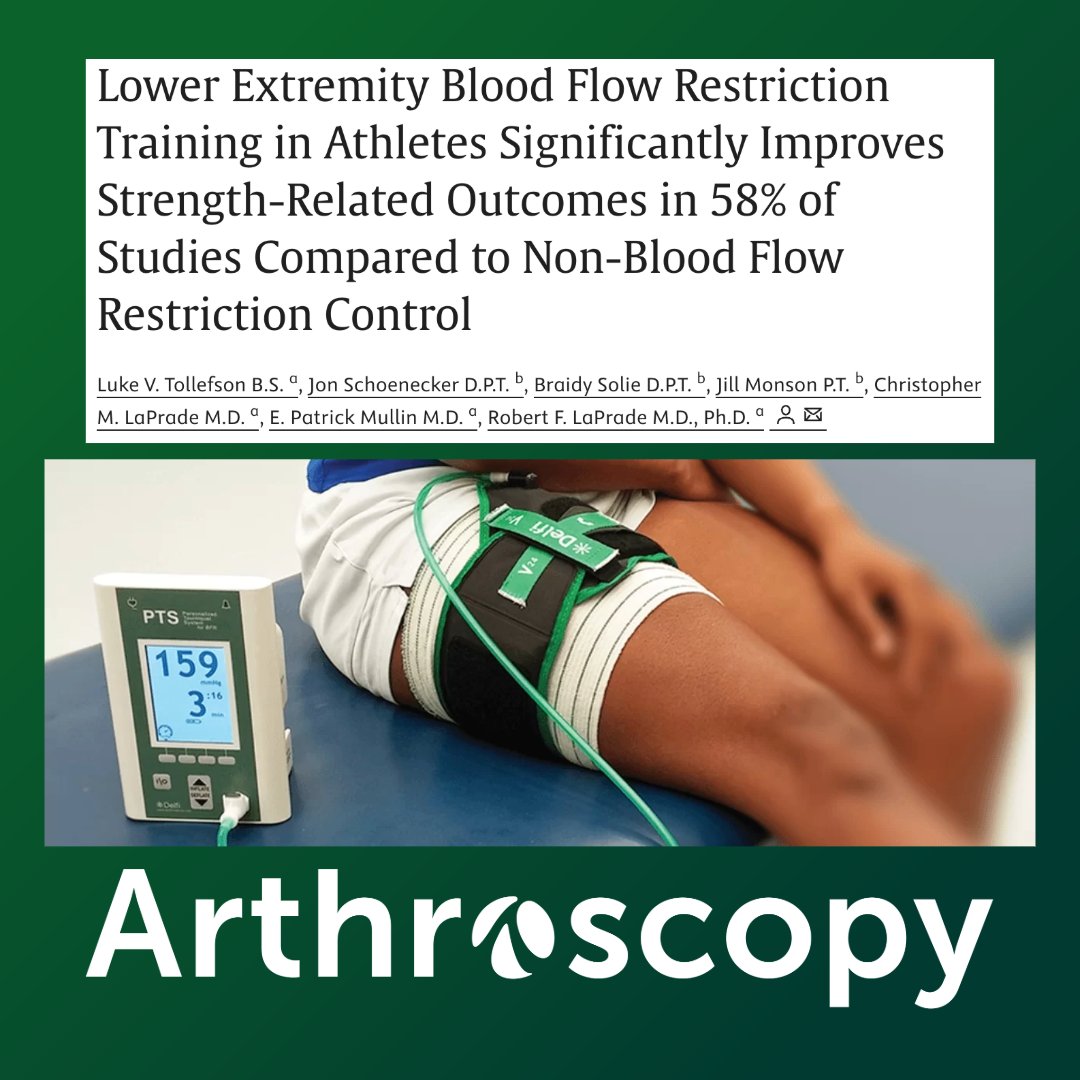 ArthroscopyJ's tweet image. A new review reports that lower extremity BFR training improves strength-related outcomes in 58% of studies compared with non-BFR training in athletes.
#SportsPerformance #BFRTraining #RehabScience
pubmed.ncbi.nlm.nih.gov/39672247/
@JillmonsonPT @thekneedoc @twincitiesortho