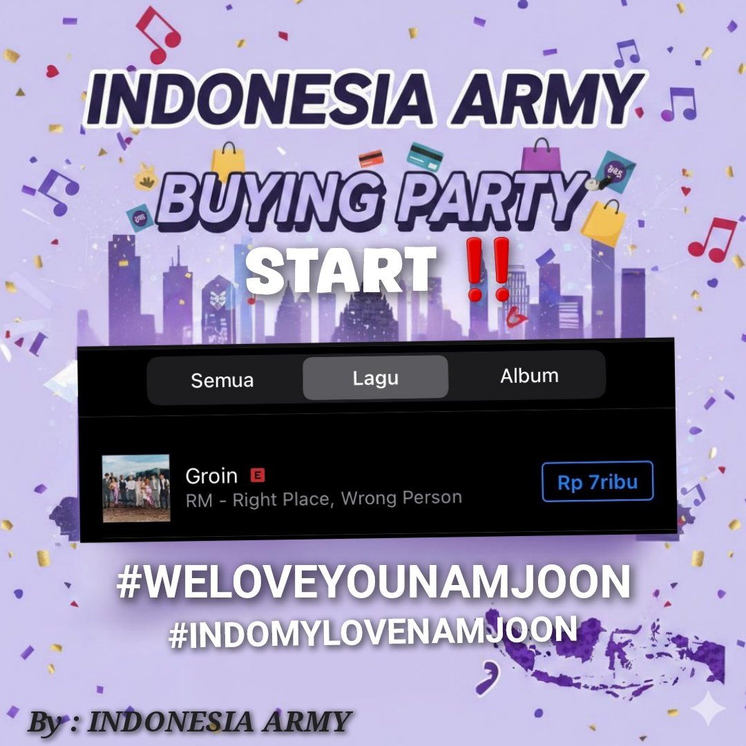 BUYING PARTY START 📢 

Let's go ARMY, kita buying GROIN namjoon di iTunes Indonesia. Jika ingin support funds atau butuh funds bisa DM <a href="/senjaaa96/">Senja☆ ᴀʀɪʀᴀɴɢ♡</a> yah. Let's go jadiin #1 Bareng Bareng.  Fighting guys 🥹💪

WE LOVE YOU NAMJOON
#INDOMYLOVENAMJOON
#ARMYBuyingGROIN