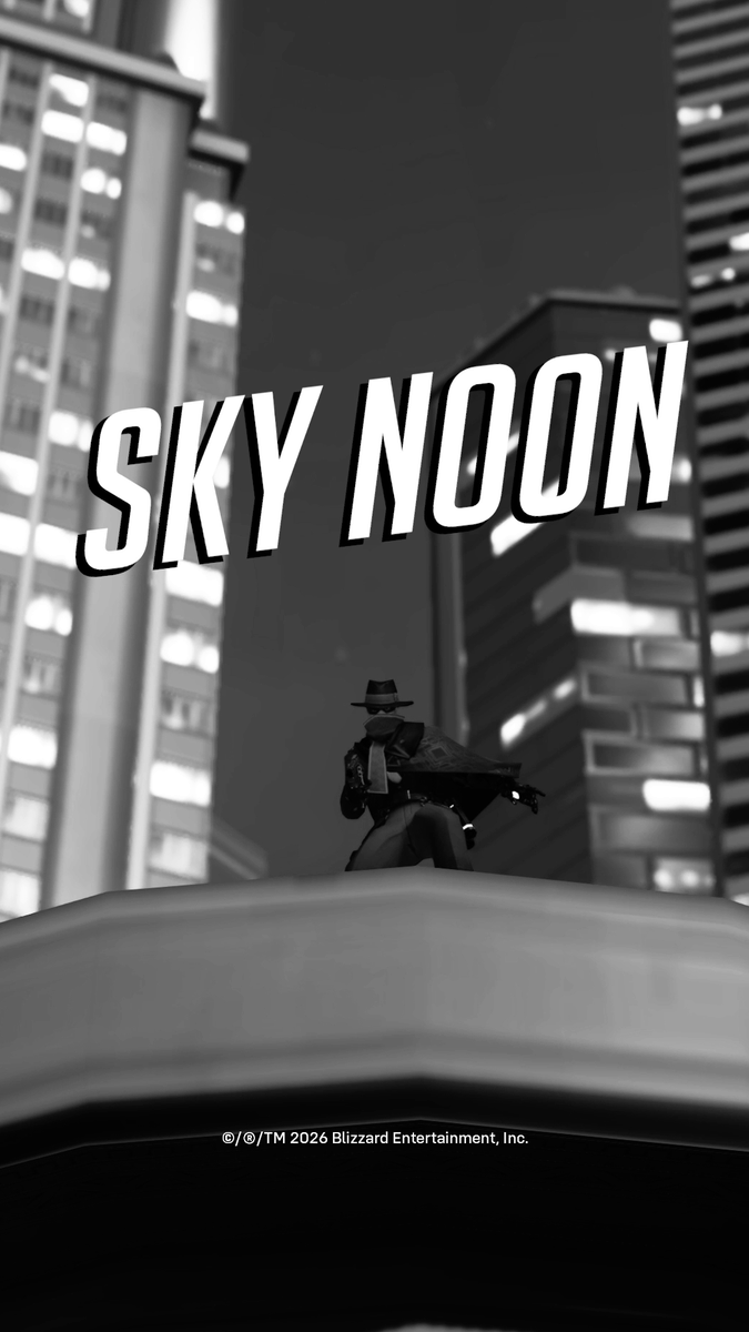A black and white promotional image for the game "Sky Noon" displays the title in bold stylized text above a cowboy-hatted character holding a weapon, set against a backdrop of towering skyscrapers with glowing windows. The 2026 Blizzard Entertainment copyright notice appears at the bottom, fitting the post's tribute to the seemingly defunct game.
