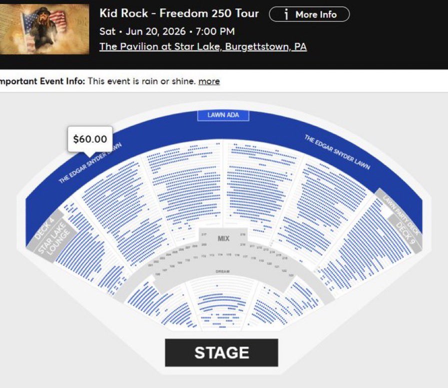 Another tour stop for Kid Rock’s “Freedom 250” the tour is at risk of cancellation after selling less than 200 tickets. 
The festival has already canceled its South Carolina stop after numerous performers dropped off. 🤣
There are zero cancellations for the upcoming Bad Bunny