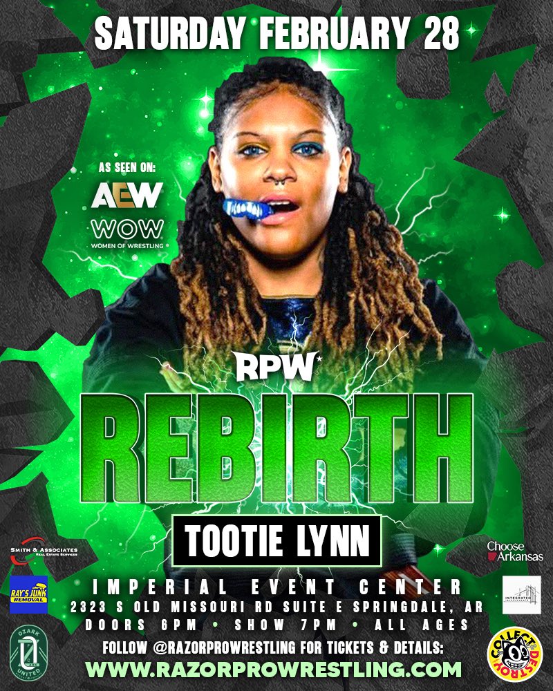 Tootie Lynn is Cut From A Different Cloth.

Saturday, February 28th

Imperial Event Center
Springdale, AR 72764

Mark your calendars, bring your friends, and see you there! 🗓️

Follow razorprowrestling.com for tickets + details 🎟️

#razorprowrestling #rpw #prowrestling